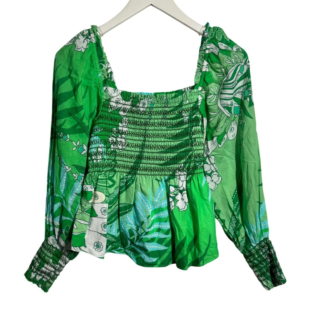 Hale Bob Green Tropical Floral Smocked Peplum Top Cotton Long Sleeve S Preppy